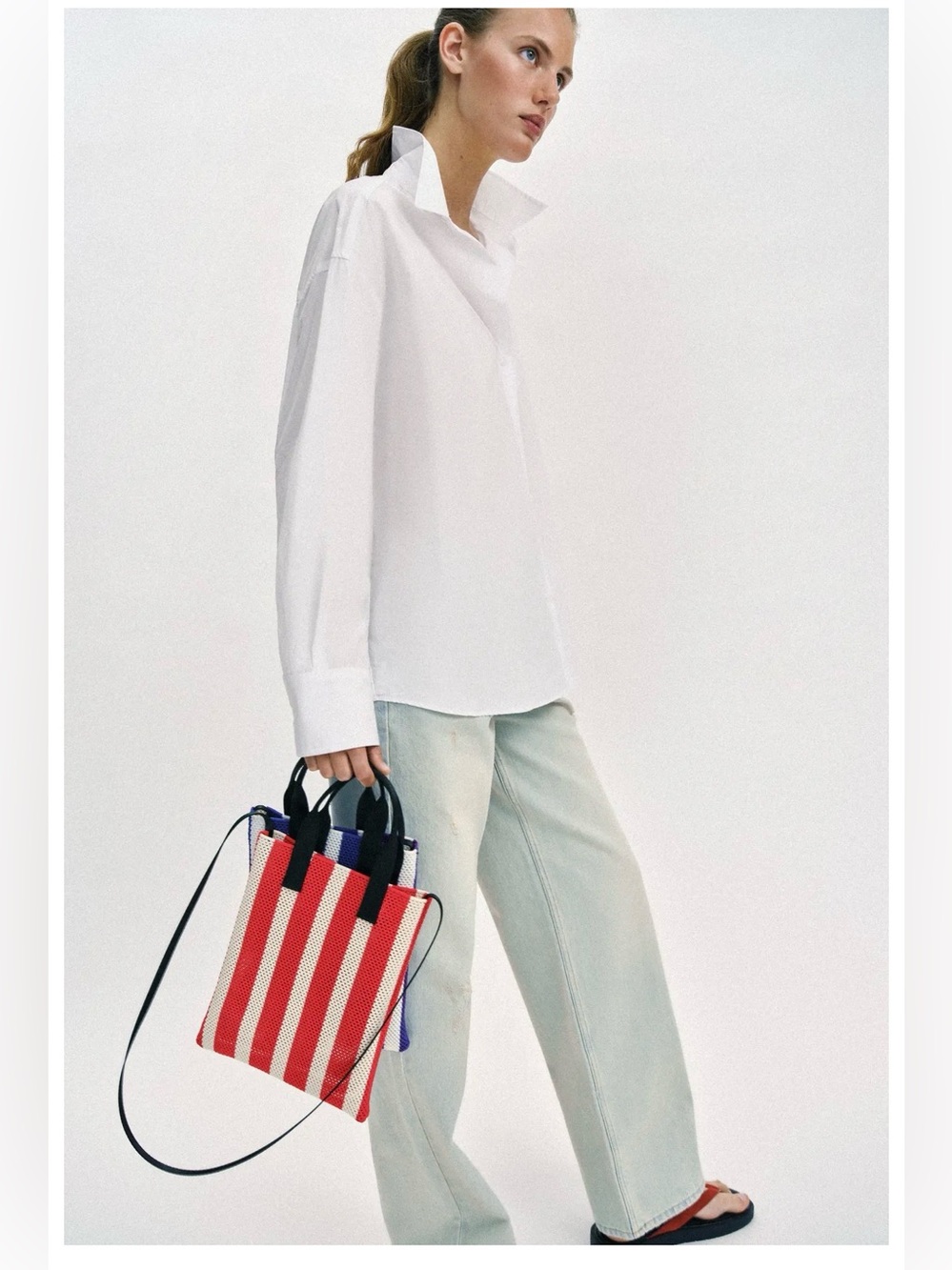 Zara Red and White Striped Tote with Black Handles